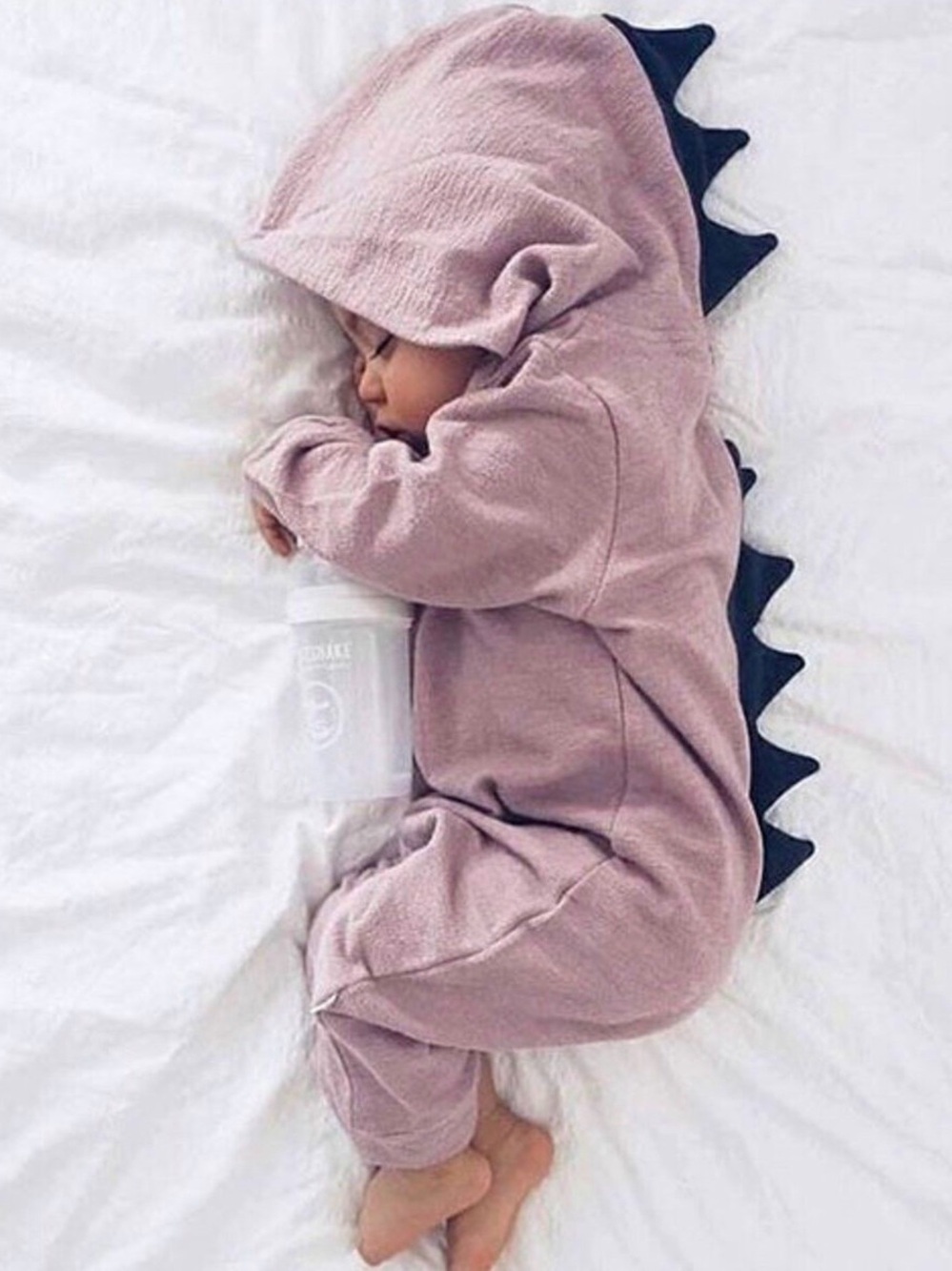 Baby Dinosaur Hooded Romper in Dusty Pink with Spikes